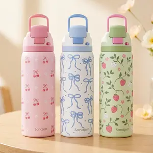 SANDJEST 32oz Water Bottle with Straw Push Button Lid, Stainless Steel Portable Reusable Leak Proof Drinkware, Gift for Her Travel Outdoor Hydration
