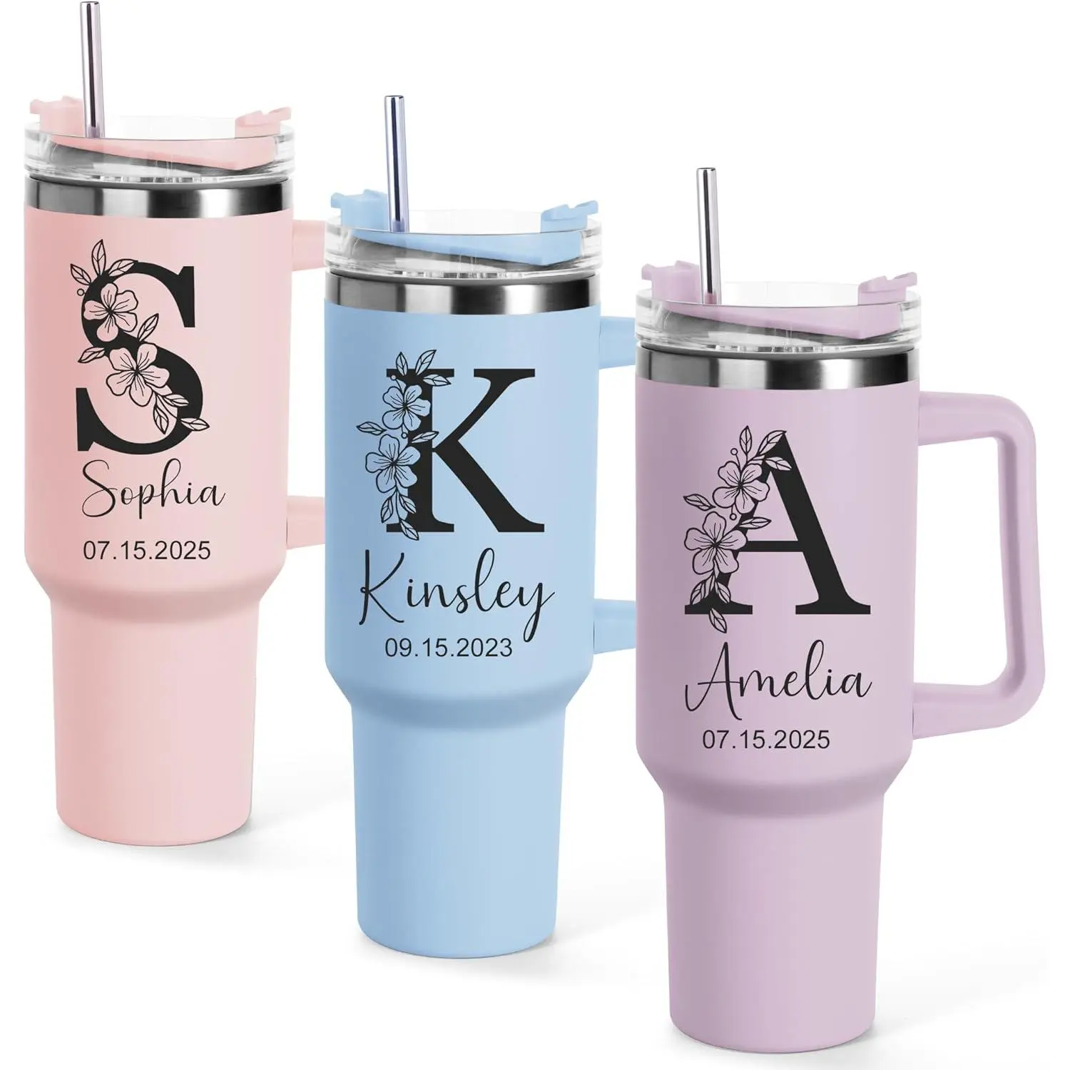 40 oz Customized Insulated Stainless Steel Tumbler with Handle & Straw - Portable Vacuum Flask, Personalized 03-Initial & Name Coffee Drinkware, Bride Wedding Gift (Home & Festive Party Supplies), Button