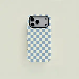 Baby Blue and Cream White Checkerboard 2‑in‑1 Phone Case — Compatible with Samsung S26/S25/S24/S23/S22/S21, iPhone 17/16/15/14/13/12/11 phone cases. Drop‑Resistant, Non‑Slip, and Fade‑Resistant. The Perfect Gift for Minimalist and Cute Style Lovers.