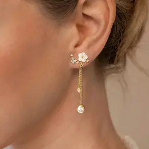Hypoallergenic Dangle Pearl Drop Earrings For Women Trendy Long Threader Chain Dainty Flower Wedding Earrings For Brides CZ Cute 14K Gold Statement Sparkly Jewelry studs Stand Out Fashion Earrings Vintage Middle Eastern Set stud fashion earring Halloween