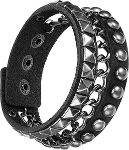Mother's Day Gift  1 PCS Punk Bracelets, Emo Spike Bracelets Rock Studded Bracelet Leather Snap Button Metal Wristband Cuff Wrap Bangle Adjustable for Men Women Rocker Outfits Accessories