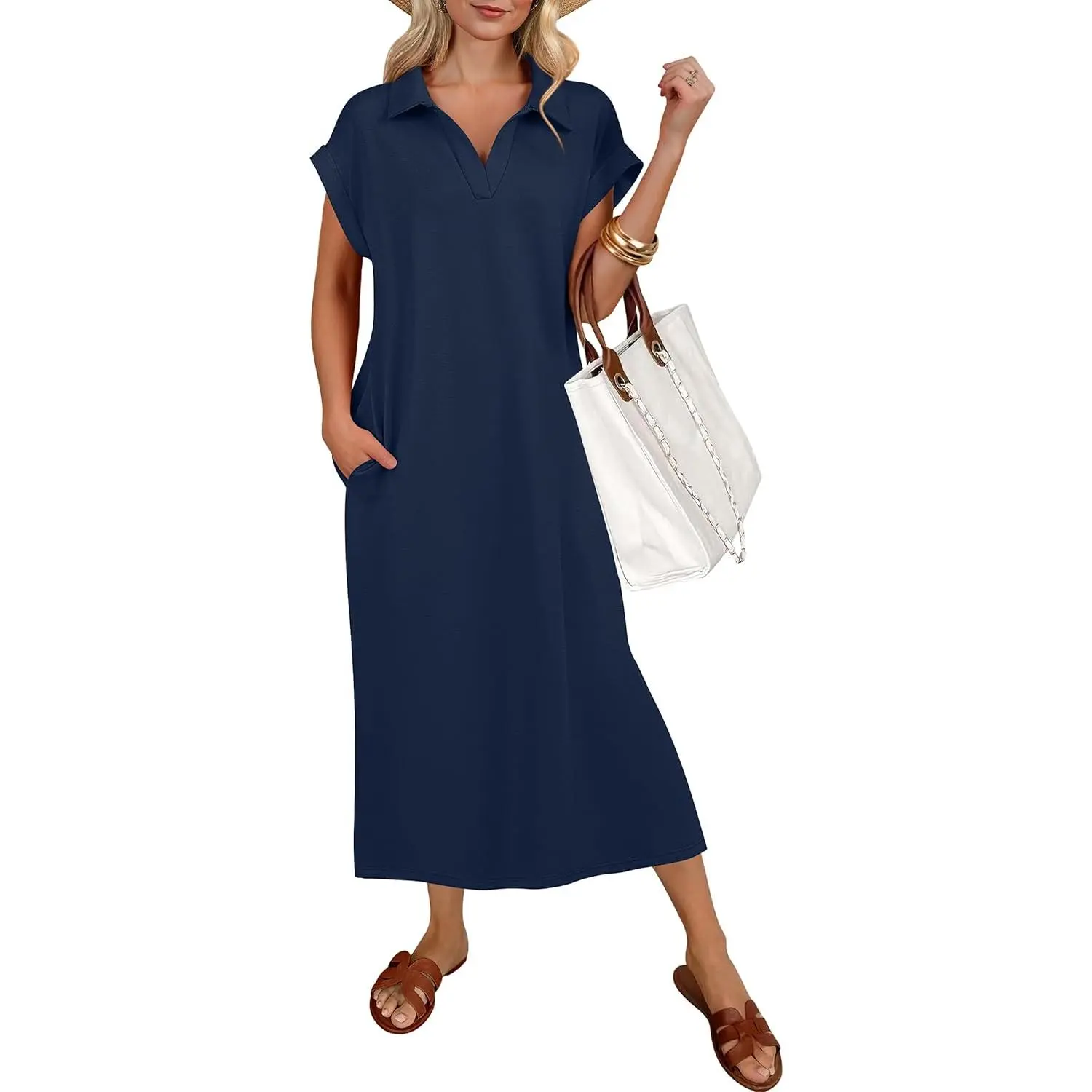 ANRABESS Womens Summer Casual Midi Dresses Short Sleeve Polo V Neck Loose Split Wrinkle-Free Beach Vacation Tee Maxi Dress