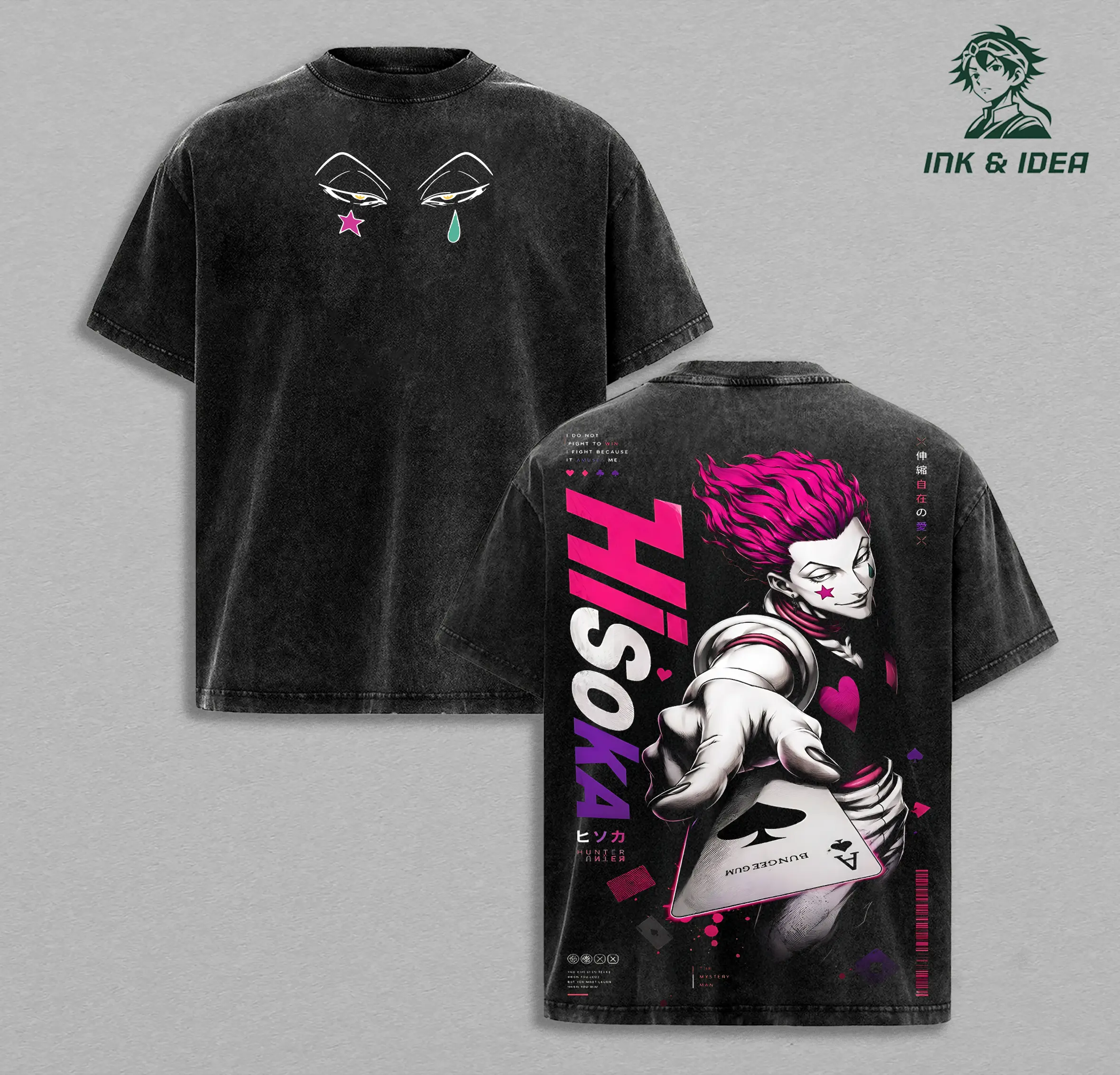 Hisoka Hunter x Hunter Vintage Washed Oversized Anime Tee, Phantom Troupe Inspired Graphic Shirt, Magician Fighter Heavyweight Cotton Streetwear, Pink Aesthetic Manga Unisex T-Shirt, Retro Anime Fan Gift