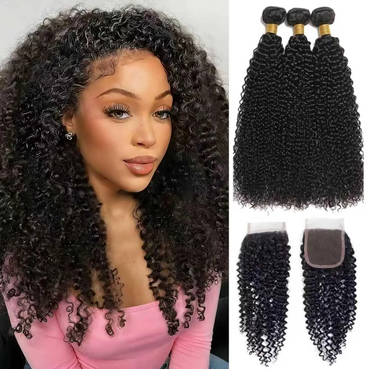 Kinky Curly Human Hair  with Closure 14 16 18+12 Inch 4x4 Lace Closure  Unprocessed Brazilian Virgin Hair Extensions 3  with Free Part Closure Human Hair  Black