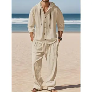 Men's 2-Piece Linen Hooded Shirt and Pants Set – Casual Long Sleeve Button Down Top with Drawstring Hood & Matching Loose Fit Trousers for Beach Vacation & Daily Wear (Khaki, White, Black)