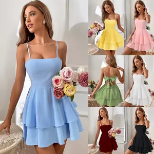 Women's Square-Neck Spaghetti Strap A-Line High-Waisted Mini Dress, Casual Fitted Lady Dress with Bow Tie, Sweet and Fresh