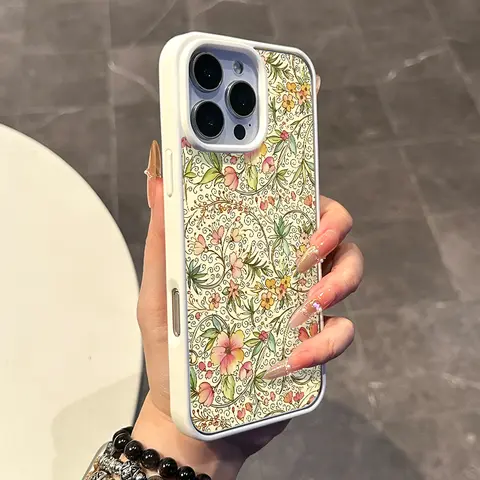Magnetic Silicone TPU Case for iPhone 17/16 E Pro Max/15 Plus/14/13/12/11/XS/XR - Pastel Vintage Flower Scroll Print, Lightweight Aesthetic Phone Accessories with Scratch Protector, Anti-Drop Casing
