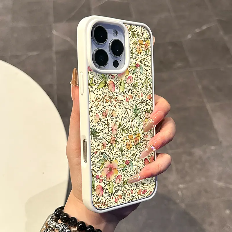 Magnetic Silicone TPU Case for iPhone 17/16 E Pro Max/15 Plus/14/13/12/11/XS/XR - Pastel Vintage Flower Scroll Print, Lightweight Aesthetic Phone Accessories with Scratch Protector, Anti-Drop Casing