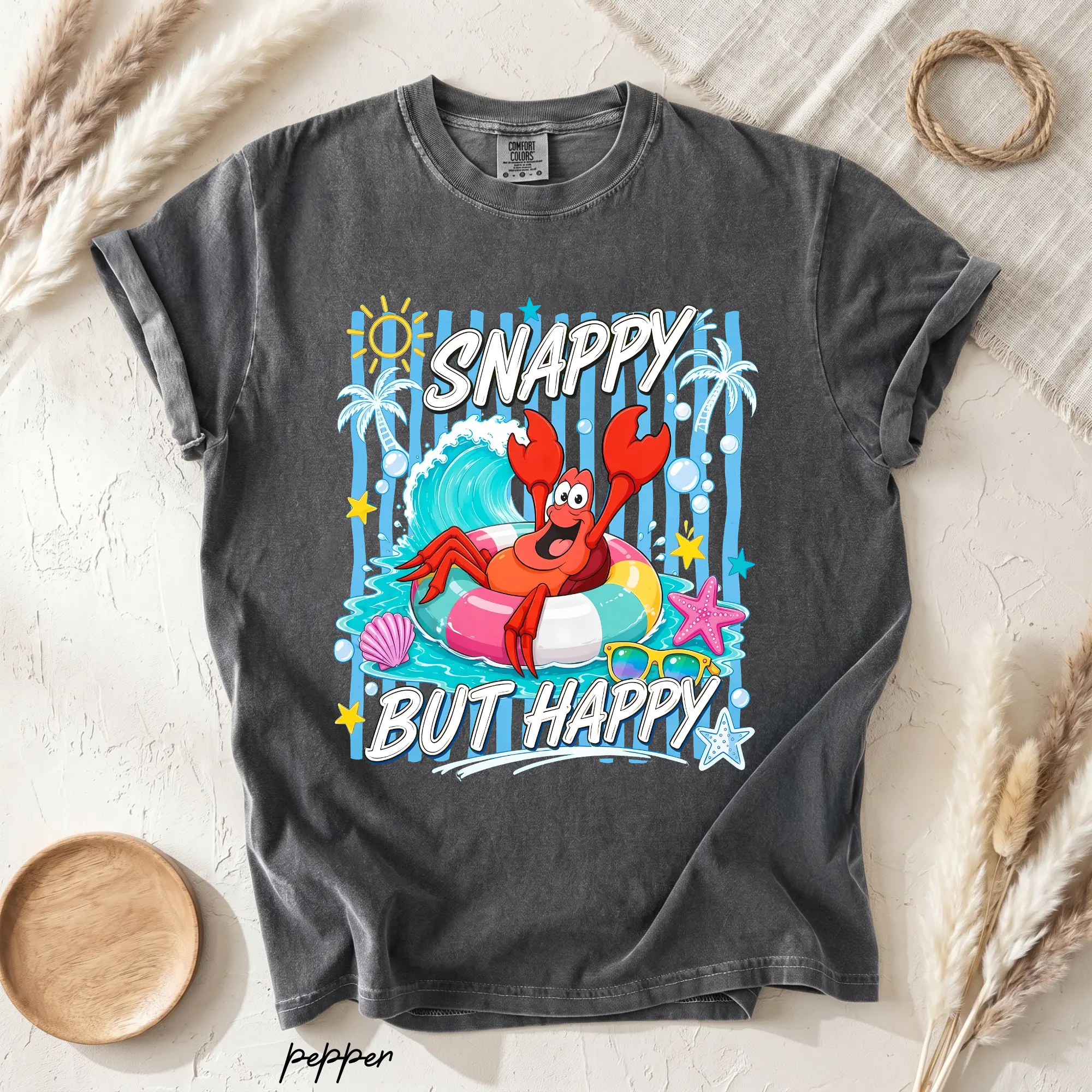 Comfort Colors Snappy But Happy Shirt, Funny Crab Summer Tee, Beach Vacation Graphic Shirt, Coastal Ocean Lover Tee, Summer Holiday Shirt