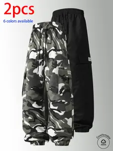 2-pack men’s long pants: camouflage cargo jogger pants with an elastic drawstring waistband and large side pockets; loose fit that doesn’t constrict the legs. Available in multiple colors; suitable for outdoor hiking and camping, everyday streetwear, shor
