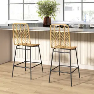 Rattan Wicker Counter Stools Set of 2 Steel Frame Footrest Stylish Durable
