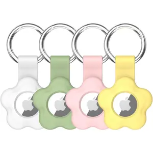 4 Pack Holder Case for AirTag  with  Flower  Protective Cover with Loop Key Ring for  Pets Wallet Backpacks Luggage (White/Green/Pink/Yellow)