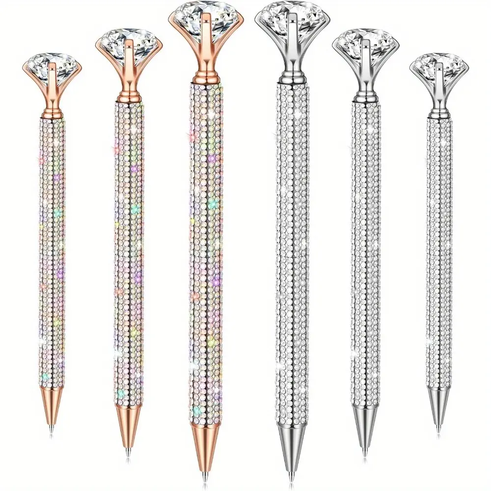 Rhinestone Ballpoint Pens, 6pcs Sparkly Metal Set for Women with Large Crystal Diamond Tops, Smooth Writing Black Ink, Attractive Wedding Party Favors, Aesthetic Pens, Ballpoint Pen Gifts