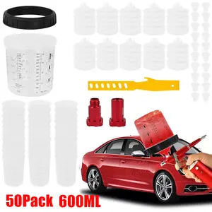 Disposable Paint Cup System 50 Pack, Spray Gun Liners with Lids & Strainers, Hard Outer Cup, 360° Spraying, for Automotive Furniture Industrial Painting