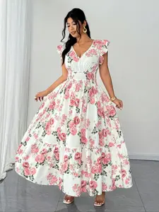 【Plus Size】 Romantic Floral Print V Neck Dress, Elegant Cap Sleeve Dress for Party Holiday Wedding Guest, Women's Clothes for Summer, Bohemian Womenswear, Lady