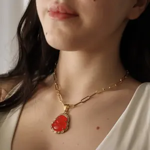 Gold Jade Buddha Necklace - Gold Layered Rope Chain with 2-inch Extender, Waterproof & Hypoallergenic Buddhist Deity Pendant Jewelry Handmade Adjustable Fit Sturdy