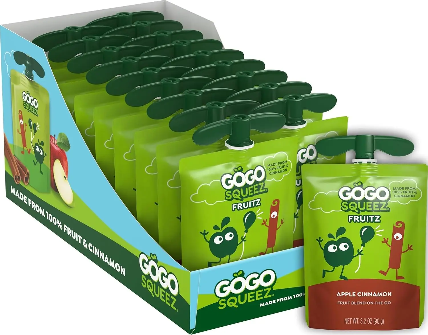Apple Cinnamon Applesauce No Sugar Added , 18 Count | Kids On The Go Fruit Snack Made with Apple and Cinnamon; 3.2 Oz Pouches, Gluten and Nut Free, Recloseable Cap, BPA-Free