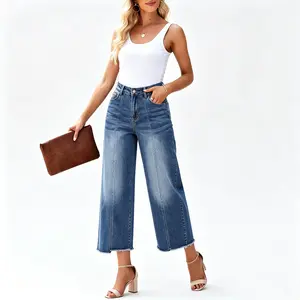 Retro Wide Leg Medium Wash Jeans for Women High Waisted Loose Fit Straight Leg Cropped Denim Pants Comfortable & Stylish