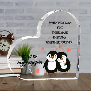 Romantic Penguin Couple Gift, Cute Heart-Shaped Card, Acrylic Plaque Decor, Wedding Anniversary Decor, Valentine's Day Table Decoration, No Battery Needed