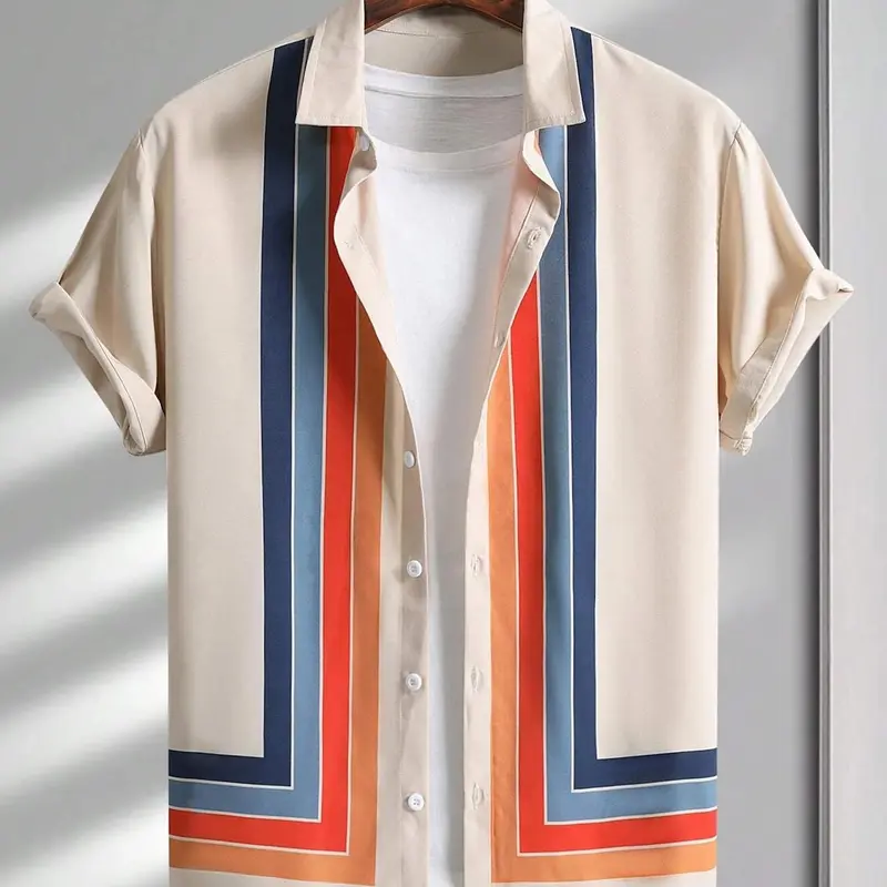 Men's Regular Fit Striped Print Short Sleeve Shirt, Lightweight Shirt, Casual Spring Shirts, Collared Top for Summer, Men's Clothes for Daily Wear, Casual Everyday Wear, Casual Button Up Design, Casual Outings Shirt