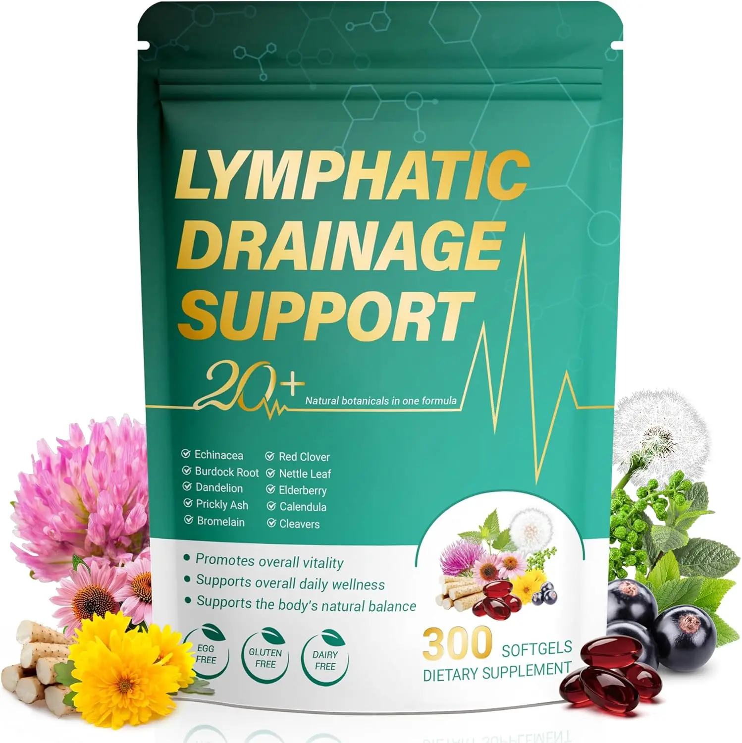 Lymphatic Drainage Supplement 300 Softgels 21 in 1 Herbal Blend with Echinacea Dandelion Burdock Root Lymph System Support Fluid Balance and Immune System for Women and Men Daily Full Body Detox and Antioxidant Wellness Formula