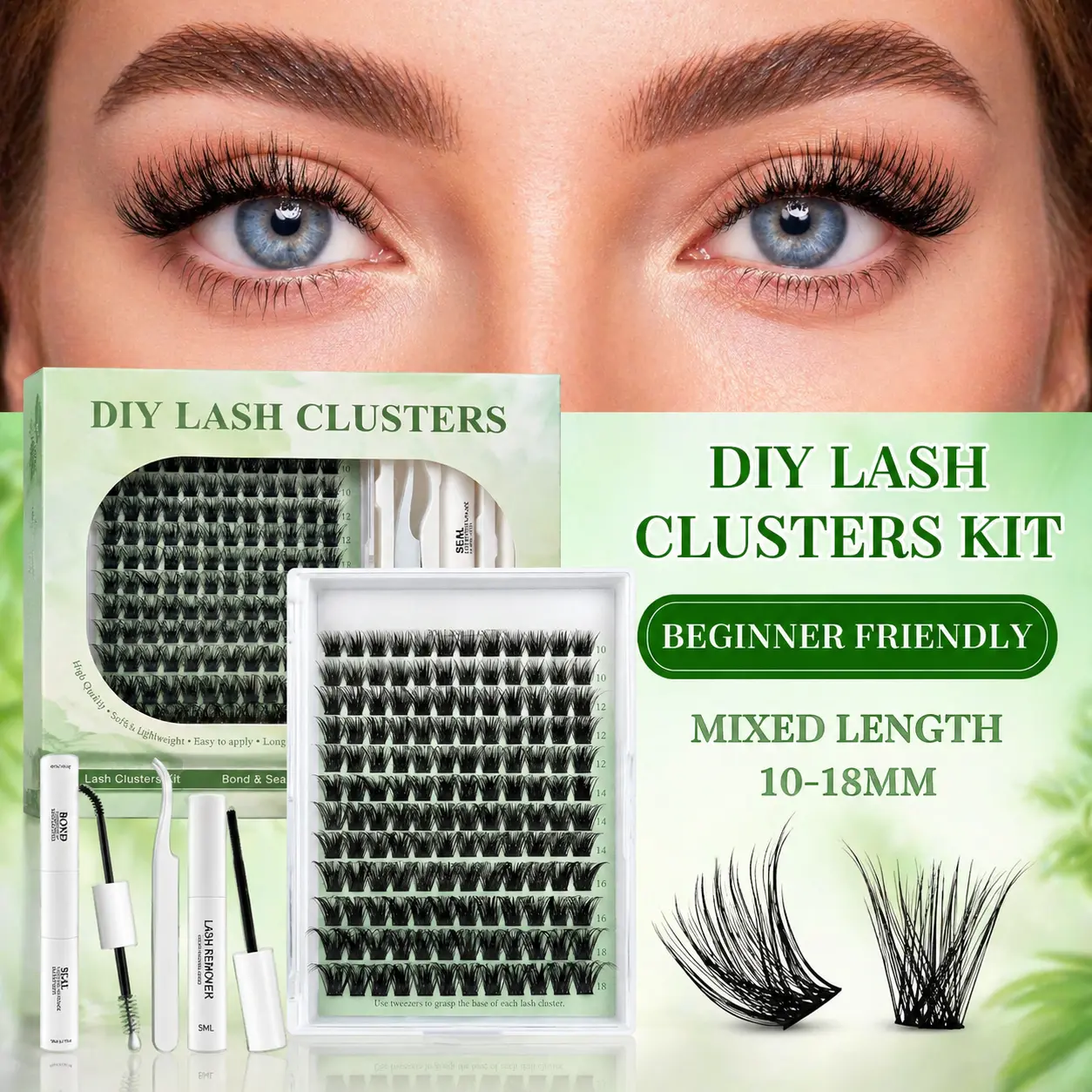 Fox Eye Dense D Curl Lash Clusters Kit, 10-18mm Mixed Length DIY Eyelash Extensions, 144 Clusters Natural Volume Lashes with Waterproof Bond & Seal, Remover & Tweezers, Soft Thin Band False Lashes for Beginners