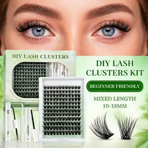 Fox Eye Dense D Curl Lash Clusters Kit, 10-18mm Mixed Length DIY Eyelash Extensions, 144 Clusters Natural Volume Lashes with Waterproof Bond & Seal, Remover & Tweezers, Soft Thin Band False Lashes for Beginners