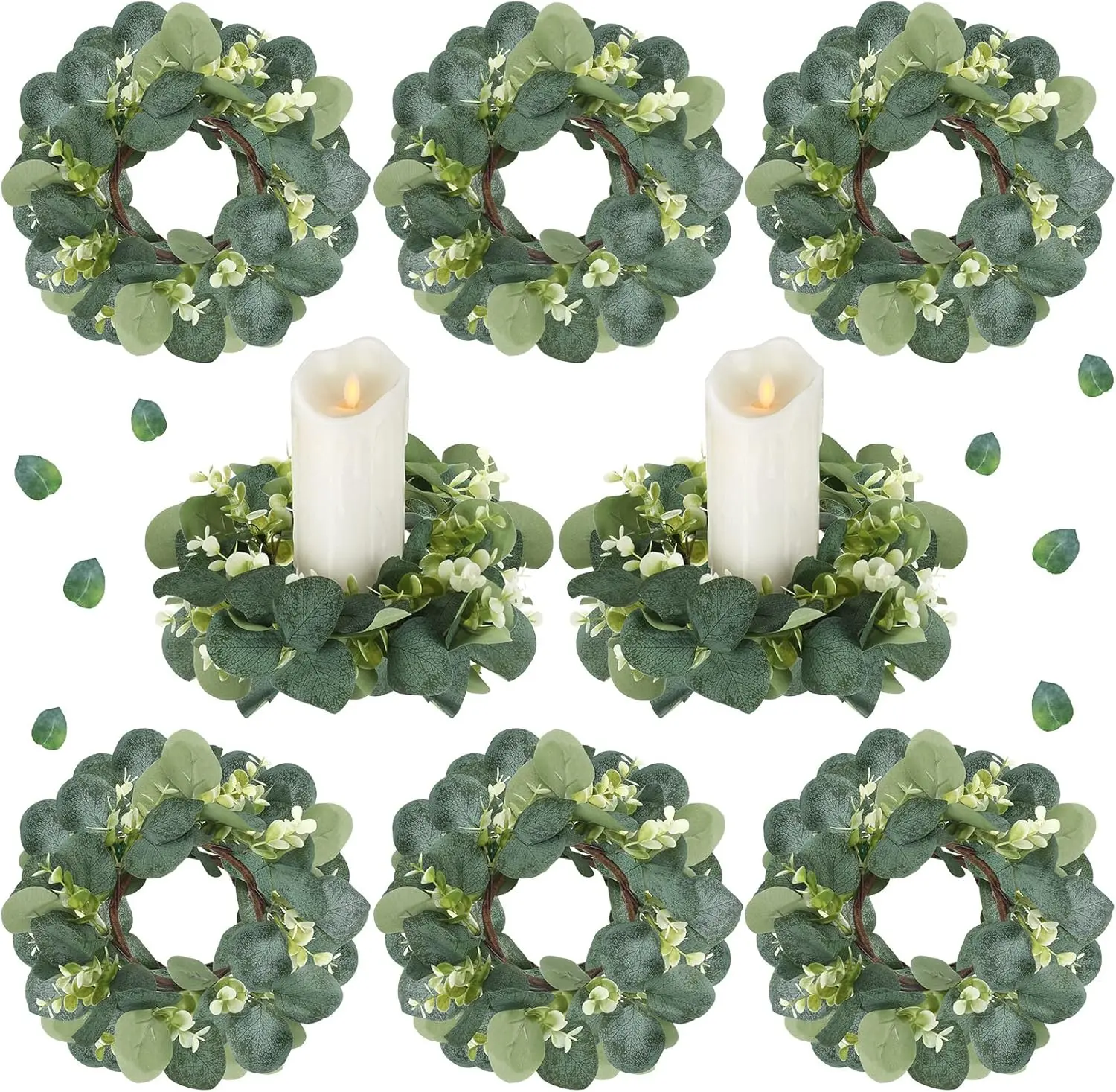 8 Packs Candle Rings Artificial Eucalyptus Leaves Candle Wreaths 10 Inch Boho Greenery Wreaths Rings for Pillars Candleholders for Wedding Party Home Table Door