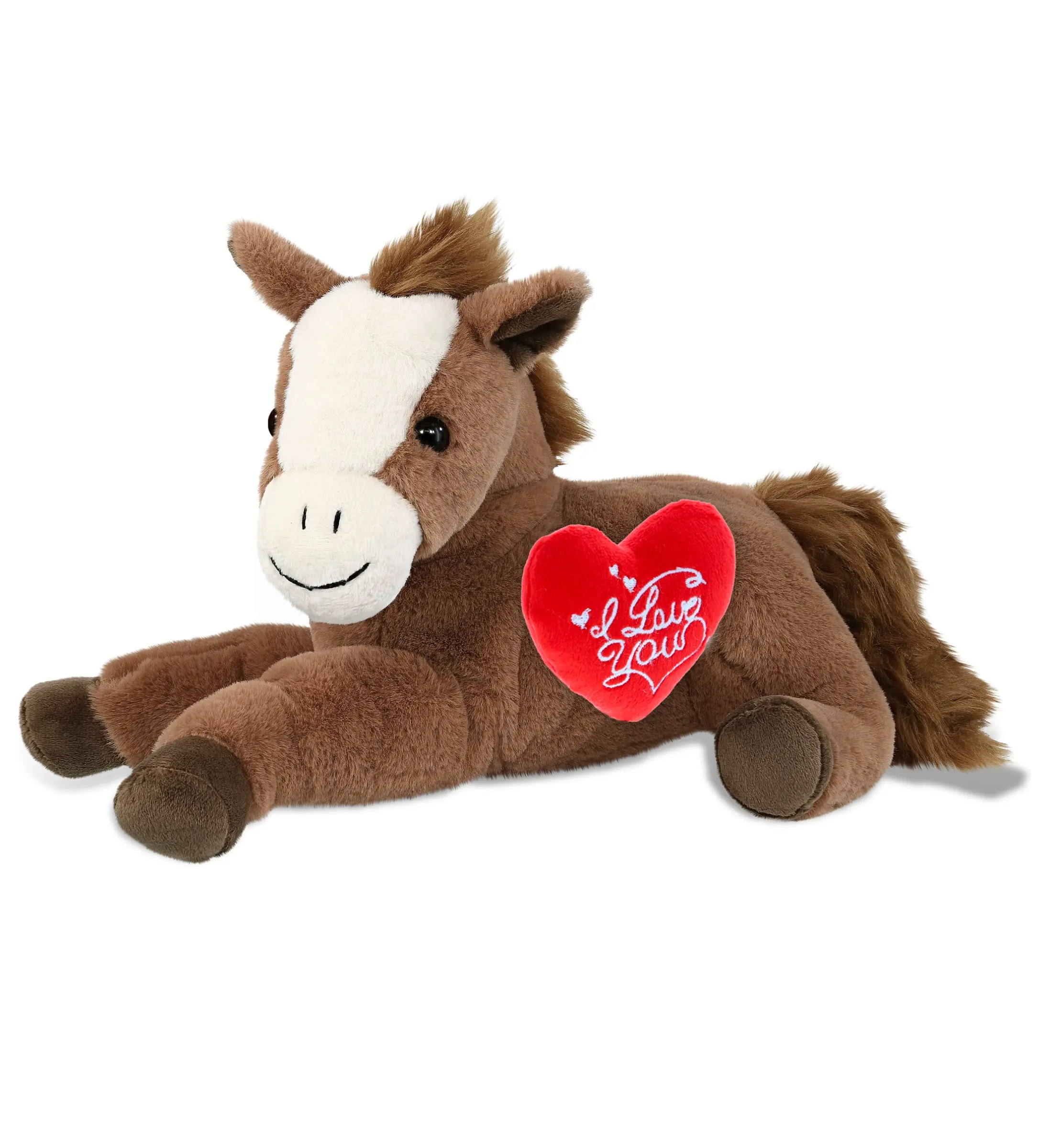 DOLLIBU Super-Soft Laying Brown Horse Plush Toy (12x10x8in) - Romantic Bedroom Accessory for Adults, Valentine's Day Gift with Embroidered Red "I Love You" Heart, Stuffed Animal for Bedrooms, Romantic Bedroom Accessories