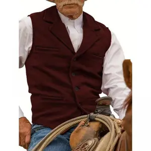 Herringbone Wool Tweed Cowboy Vest Retro Vintage Western Casual Business Hunting Fishing Coat Elderly Aged Adult