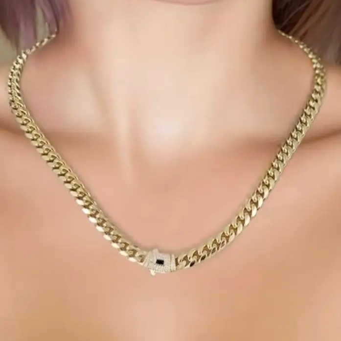 #1313 Hermoso Collar Cubano Estilo Mónaco for Women Elegant Laminado 14k 3 Capas Oro Real Stainless Steel Water-Resistant Daily Wear Jewelry Set