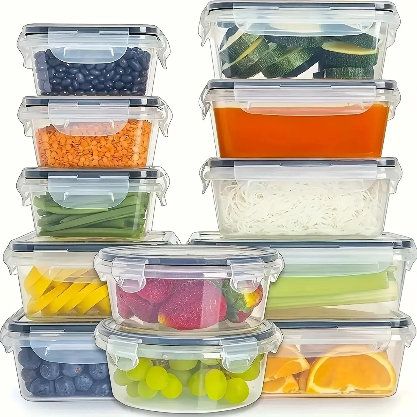 12-Piece Set Food Storage Containers, Kitchen Refrigerator Organizer with Round and Square Airtight Lids, Thickened Transparent Lunch Boxes for Cold Storage