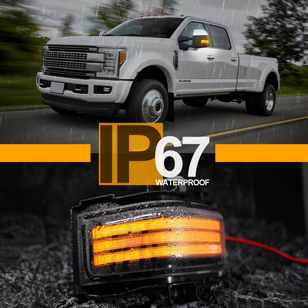 SUNPIE 2PCS Sequential LED Side Mirror Marker Lights, Amber Dynamic Blinker & White DRL, Waterproof ABS Clear Lens for Ford F150 2015-2023, F250-F550 Super Duty 2017-2026