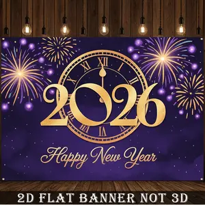 2D Flat Banner,1pc 2026 New Year's Eve Numbered 2026 Balloon Style Banner Wallpaper like Background Cloth Golden Black Large Polyester Fabric Party Decorations Banners for 2026 Party Decoration