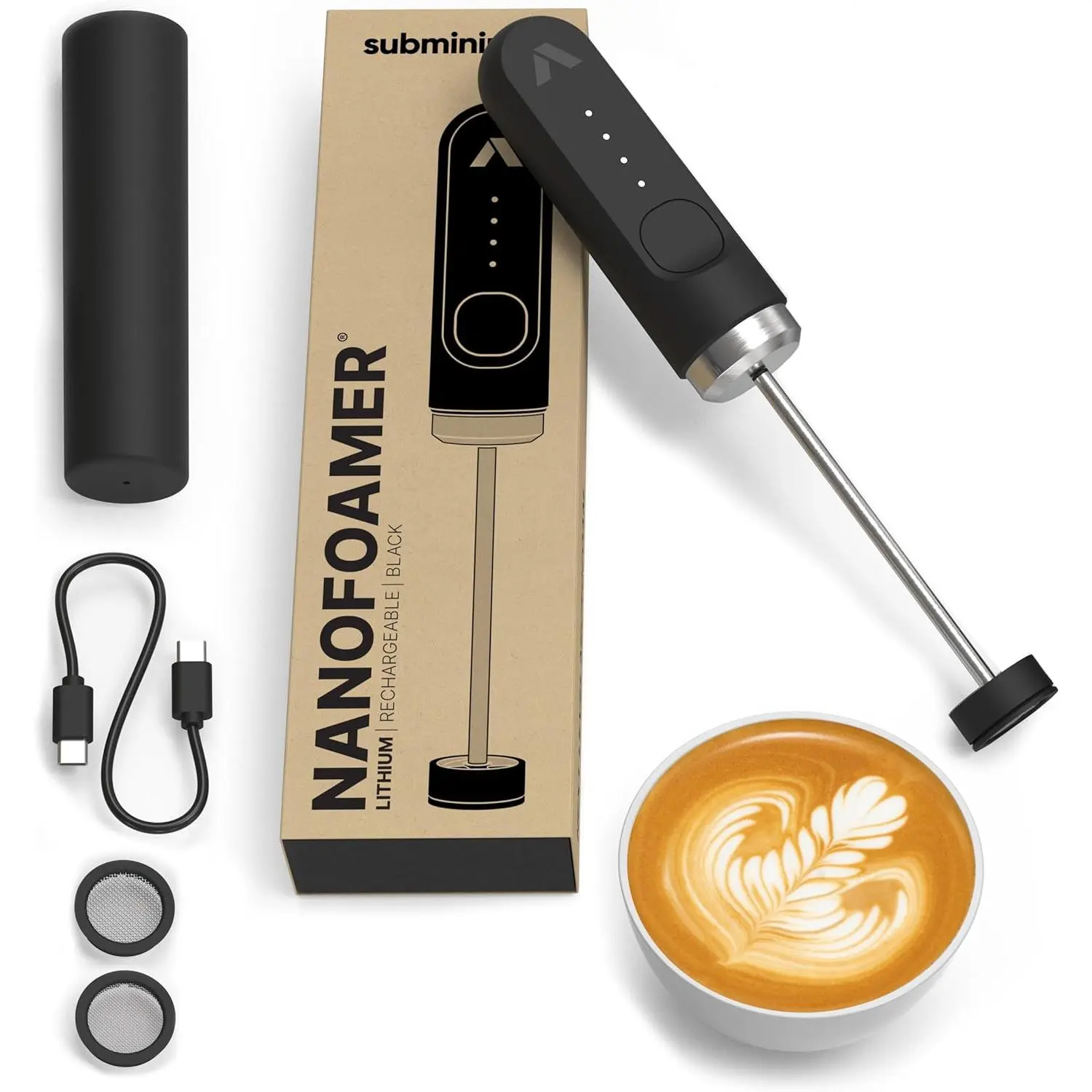 NanoFoamer Lithium Performance Milk Foamer USB-C Rechargeable IP4 Waterproof Dual-Speed Stainless Steel Premium Microfoamed Milk in 30 Seconds Barista-Style Coffee Drinks at Home