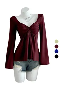 Women's Elegant Twisted Bell Sleeve Top Blouse, All-Season Plain Color Shirt, Knot Design, Medium Stretch, Fitted Style, Spring & Fall