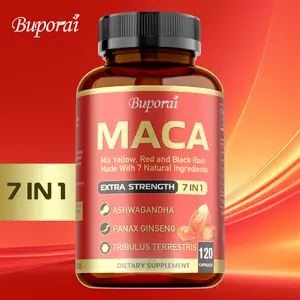 Buporai 120 Maca Dietary Capsules support physical health, made with a blend of yellow, red, and black roots and seven natural ingredients.