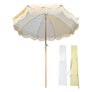LAGarden Palm Springs Wooden Patio Fringe Umbrella 6ft Tilt