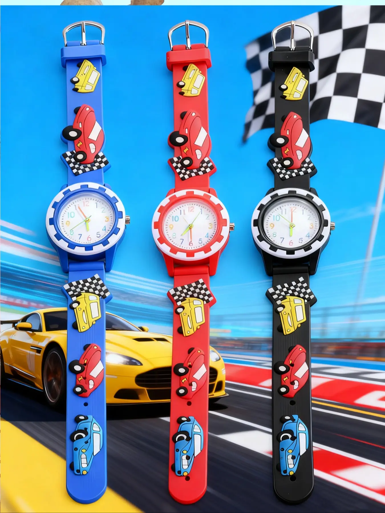 Quartz Watch with Cartoon Racing Car Design, Silicone Strap, Colorful Numerals, Perfect for School and Gifts, Race Car Watch, Quartz Movement, Wristwatch