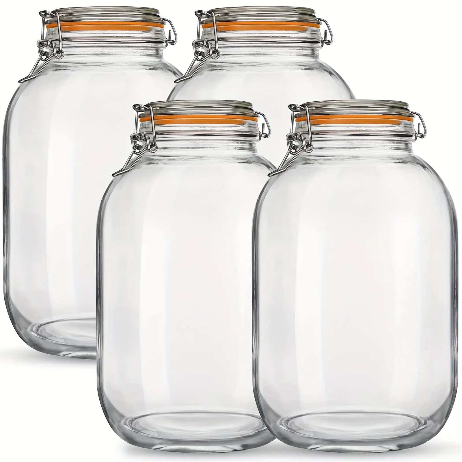 4-Pack 1 Gallon Wide Mouth Glass Storage Jars with Airtight Hinged Clamp Lids, Includes 1 Replacement Silicone Gasket, Large Mason Containers for Fermenting, Canning, Pickling and Preserving