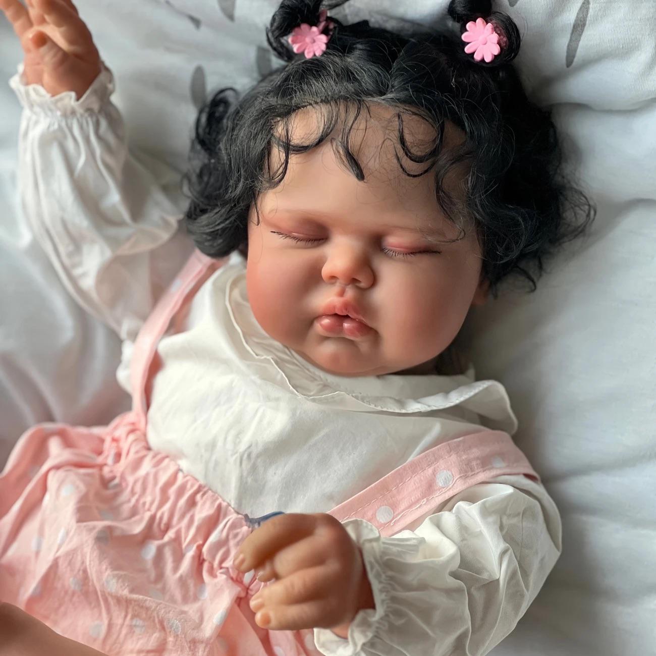Reborn Baby Doll 19 Inch Afro Newborn Babydolls Lifelike Soft Cloth Body Cuddy Face Rooted Curly Black Hair with Feeding Set Birthday Gift For Kids 3+