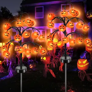2 Pack Halloween Lights, 2 Modes Halloween Solar Pumpkin Lights Outdoor Waterproof Halloween Garden Lights for Garden Lawn Halloween Party Decor