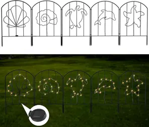Decorative Garden Fence 10 Panels with Solar Lights Ocean Style PatternChristmas Tree Decor Fence Lights, Animal Barrier Fence Edging Metal Border Fence for Home Garden Landscape Patio Yard,22×10.5ft