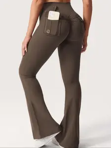 Women's Solid High Waist Flare Leg Sports Leggings, Casual Comfy Pocket Design Bell Bottom Tummy Control Yoga Pants, Ladies Sportswear for Indoor Outdoor Wear, Solid Flared Leggings