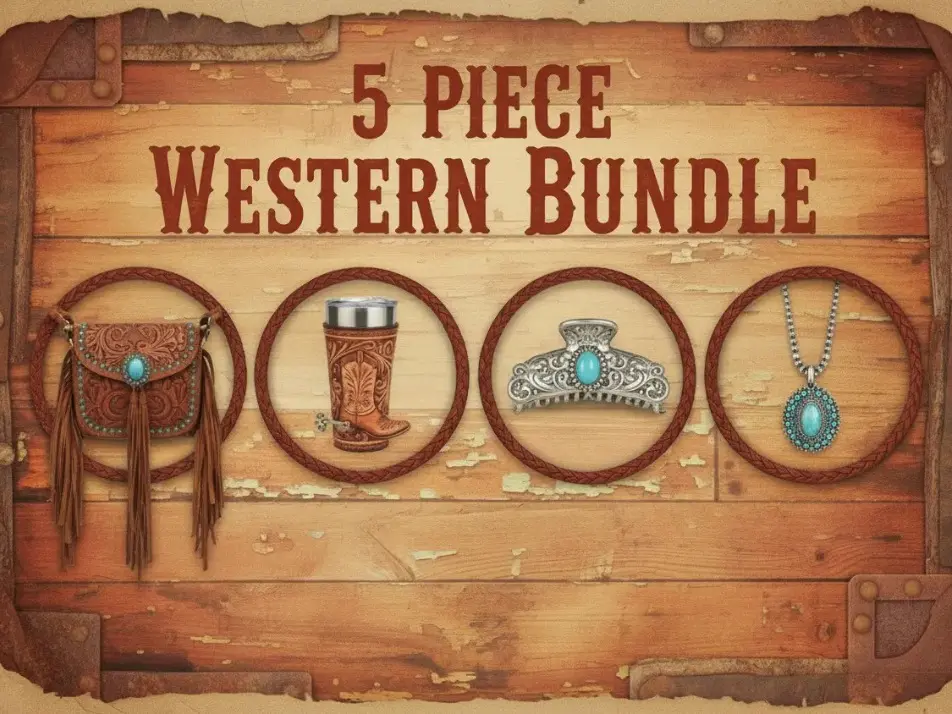 5 piece western bundle! Contains a Montana West purse, assorted western tumbler, hair clip, necklace, and a leather keyfob