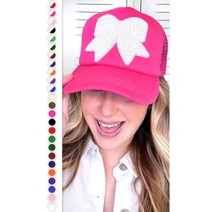 Embellished Sequin Sparkle Bow Trucker Style Hat - Pink, Adjustable Fit, for Fashion Enthusiasts