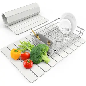 Large Stone Dish Drying Mat for Kitchen Counter, 24"(L)×16"(W), Collapsible Quick Dry Stone Dish Mats, Super Absorbent Diatomaceous Earth Drying Pad for Dishes Bottles Cups, Any Countertop (White)