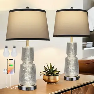 DEMILARE Modern Glass Bedside Table Lamp - 9W Bulb Set, 3 Color Temperatures, Dual Mode, USB A+C Ports, Fabric Shade, Built-in Fairy Lights, Ambient Night Lamp, Modern Mood Lighting, Bedroom Home Decor