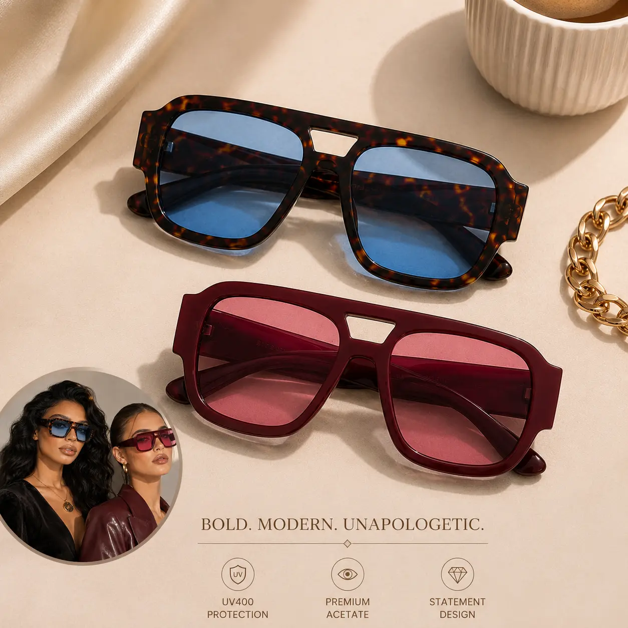 Cool 70s Eyewear, Double Bridge Pilot Style Accessories for Women with UV Protection for Travel & Street Style, Cool Sunglasses, Womens Sunglasses, Easy Fit, Lightweight Frame, Statement Frame Glasses, Square Aviator, Uv400 Shield, Sun Protective Sunglass