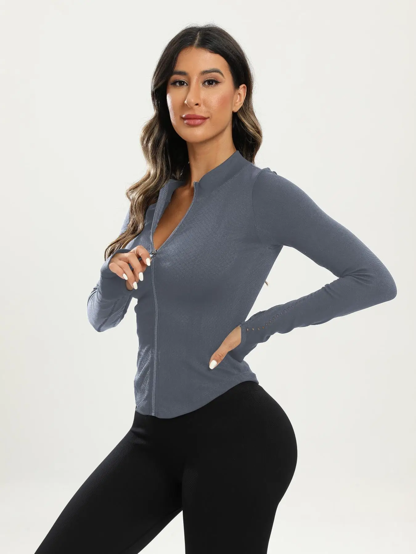 Women's Zip Up Stand Collar Sports Jacket, Sport Long Sleeve Thumb Hole Design Jacket, Summer Outfits 2024, Fall Clothes